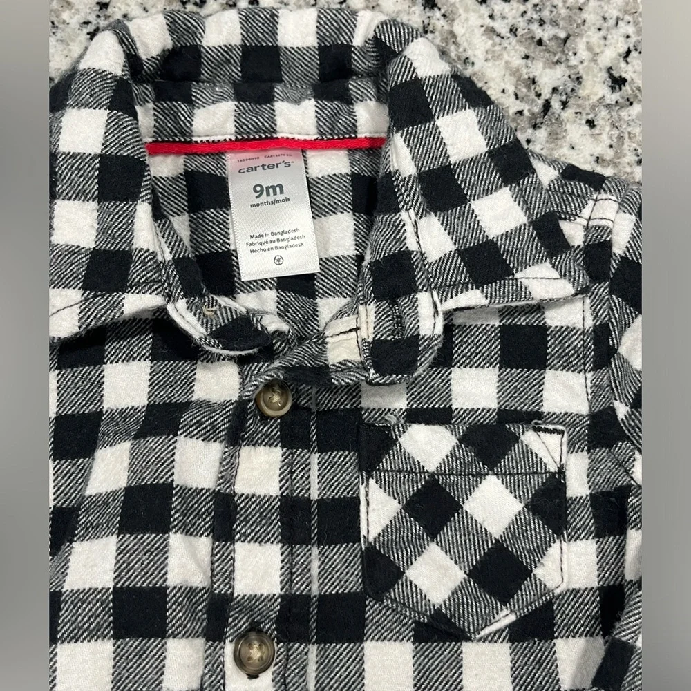 Carter's Infant Boy's Flannel Black Checkered Plaid Button Down Shirt, 9 Months